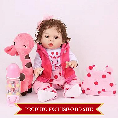 Boneca Bebê Reborn Vinil Realista com Girafinha e acessórios 45cm