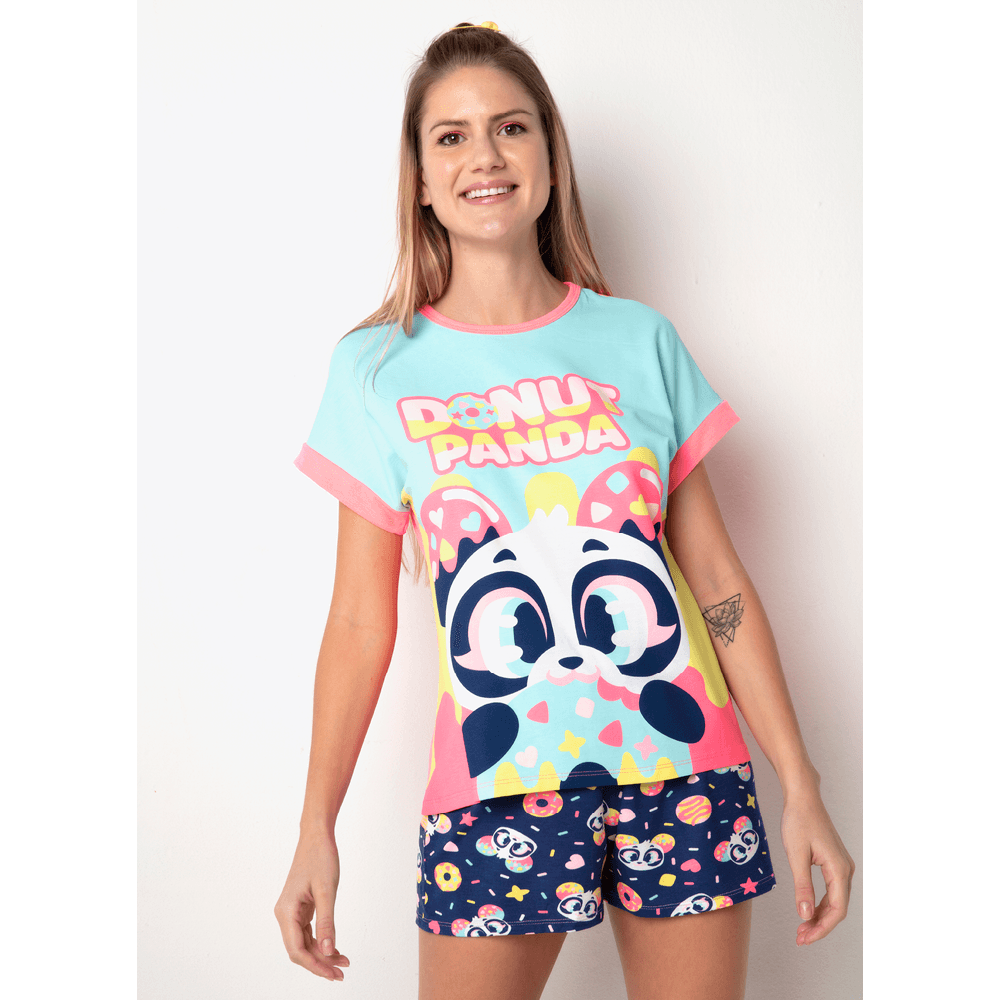 Pijama Puket Manga Curta Viscolycra Feminino Panda Donuts